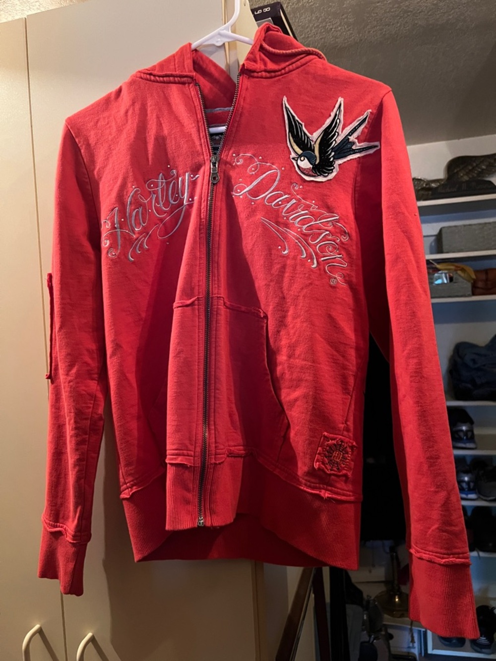 Ed Hardy Red Hoodie with Swallow Patch and Script Logo